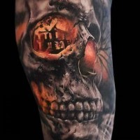 Stunning very detailed and colored mystical skull with burning house tattoo on shoulder