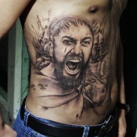Stunning very detailed black ink belly tattoo of Spartan king portrait
