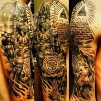 Stunning very detailed colored half sleeve tattoo of Egypt themed attributes