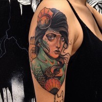 Stunning vintage style colored mermaid portrait tattoo on shoulde