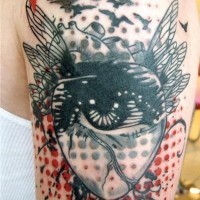 Stupid designed and colored heart with eye and flowers shoulder length tattoo