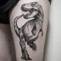 Stylish black ink engraving style thigh tattoo of dinosaur