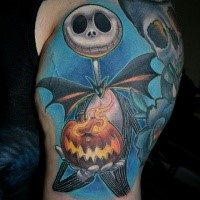 Stylish colored shoulder tattoo of Nightmare before Christmas main hero with pumpkin