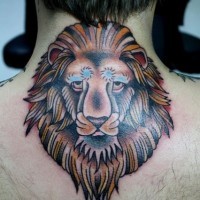 Stylized coloured lion head tattoo on back
