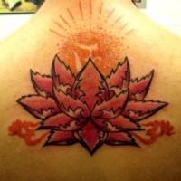 Stylized red lotus with sunrise and mantra tattoo on back
