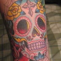 Tatuaje en el brazo, cráneo abigarrado, rosa, telaraña