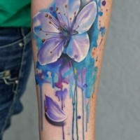 Super 3D realistic colorful flower tattoo on arm in watercolor style with paint drips