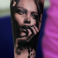 Super 3D realistic lifelike lady's portrait and clock forearm tattoo in realism style