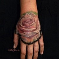 Super lifelike 3D realistic pale pink tea rose flower tattoo on hand in realism style