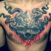 Super painted big bloody chest tattoo of devils mask