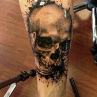 Super realistic skull with watches tattoo by Line Marielle
