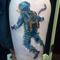 Superior 3D realistic colorful astronaut tattoo on thigh