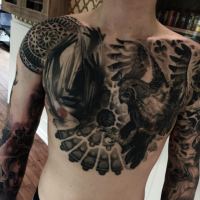 Superior black ink chest tattoo of human face with owl