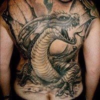 Superior black ink whole back tattoo of fantasy dragon