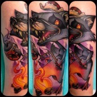 Superior cartoon style colored funny wolf  with fire tattoo