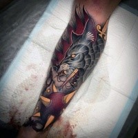 Superior colored and detailed illustrative style leg tattoo of demonic dog and sword