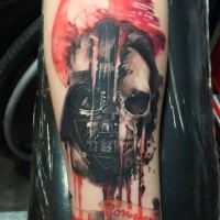 Superior colored forearm tattoo of Darth Vader helmet with lettering