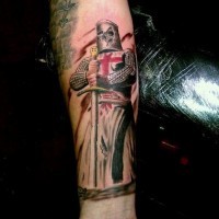 Superior colored forearm tattoo of medieval English knight