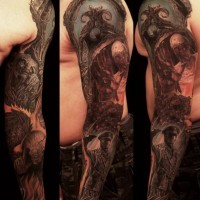 Superior detailed colorful various monsters tattoo on sleeve