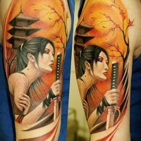 Superior multicolored shoulder tattoo of detailed Asian woman with sword
