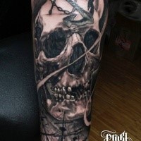 Superior painted back ink human skull tattoo on sleeve combined with anchor and sailing ship