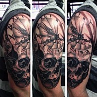 Superior painted black and white big skull shoulder tattoo with old clock