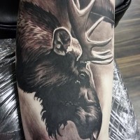 Superior painted black and white detailed arm muscle tattoo of big elk head