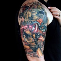 Superior painted detailed looking various Marvel superheroes tattoo on shoulder