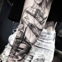 Superior painted linework style black ink forearm tattoo of sailing ship