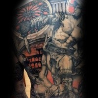 Superior painted various medieval times themed tattoo on thigh