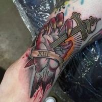 Superior p;d school style colored leg tattoo of demonic arm with cross and lettering tattoo