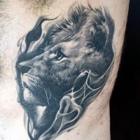 Superior realism style very detailed side tattoo of steady lion
