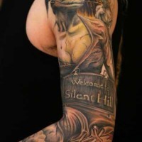 Superior very detailed and colored Silent Hill themed tattoo on sleeve with lettering
