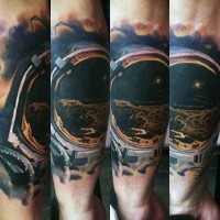 Superior very detailed astronaut in space black ink tattoo on arm