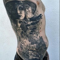 Superior very realistic detailed black and white military tattoo with woman on side