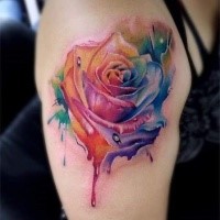 Superior watercolor style colored shoulder tattoo of beautiful rose