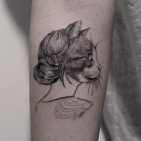 Surrealism dot style forearm tattoo of half woman half cat portrait