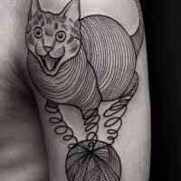 Surrealism linework style shoulder tattoo of cat with threads