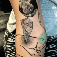 Surrealism style black ink arm tattoo of sleeping cat with balloon and triangle