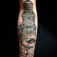Surrealism style black ink arm tattoo of human face with lighthouse