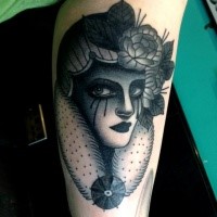 Surrealism style black ink arm tattoo of woman with rose