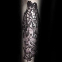 Surrealism style black ink arm tattoo of stone wolf head