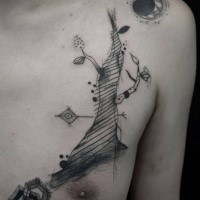 Surrealistischer Stil schwarzes Brust Tattoo mit interessant aussehendem Baum und Mond