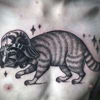 Surrealism style black ink chest tattoo of raccoon with Darth Vader's helmet