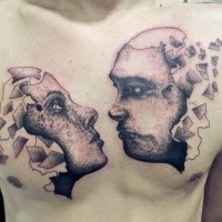 Surrealism style black ink chest tattoo of woman and man