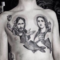 Surrealism style black ink chest tattoo of saint people portrait with fish