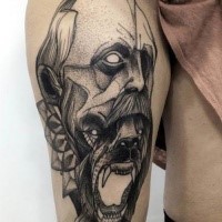 Surrealism style black ink creepy man head with wolf on thigh