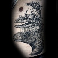 Surrealism style black ink dinosaur with skull and heart