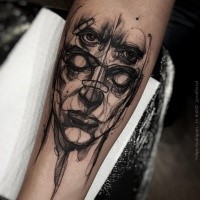 Surrealism style black ink forearm tattoo of mystical mask with bandage