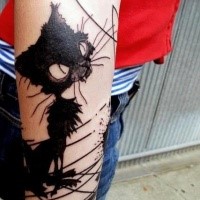 Surrealism style black ink forearm tattoo of creepy cat